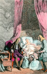 Ein beobachtender Arzt. Eine kranke oder bereits verstorbene Frau ist von ihrer Familie und dem Arzt umgeben. Die Kinder weinen. (Kupferstich um 1780)