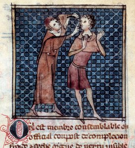 Anatomische Figur: Arzt untersucht das Auge eines Patienten. Miniatur aus dem Manuskript „Chirurgie“ (Folio 17v) geschrieben von Henri de Mondeville (Chirurg von Philippe Le Bel, Professor der Anatomie)