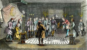 Versammlung der Freimaurer zur Aufnahme von Meistern (Gravur um 1750) von Unknown artist