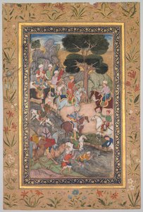 Babur trifft Sultan Ali Mirza am Kohik-Fluss, aus einem Babur-nama (Memoiren von Babur)