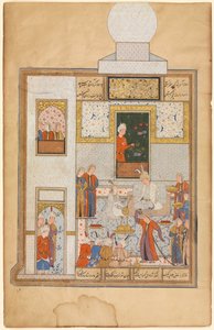 Bahram besucht den weißen Kuppelpavillon am Freitag, illustriert mit Text im Khamsa von Nizami (verso), aus einem Haft Paykar (Sieben Porträts) von Nizami von Unknown artist