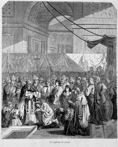 Taufe von Clovis durch Anastasius II. in der Kathedrale von Reims am 25. Dezember 498 - in „Histoire des papes“, Bd. 1, Maurice Lachatre