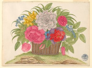 Korb mit Blüten und Blättern auf der Erde von Unknown artist
