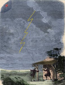 Benjamin Franklin, Philosoph, Physiker und amerikanischer Botschafter, experimentiert mit seinem Blitzableiter, der an einem Drachen befestigt ist. September 1752.