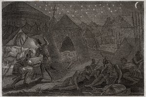Bibel von Royaumont, Altes Testament: David rettet Saul. David hat Saul in seiner Hand, aber er verletzt ihn nicht. Er nimmt nur den Speer und seinen Becher. Illustration von 1811.