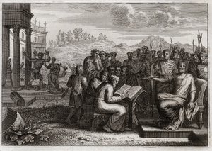 Bibel von Royaumont, Altes Testament: Frömmigkeit von Josias. Josia, König von Juda, stellt den Gottesdienst in seinem Königreich wieder her und übertrifft alle seine Vorgänger an Tugend. Illustration von 1811. von Unknown artist