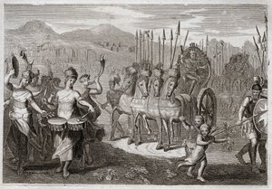 Bibel von Royaumont, Altes Testament: Triumph von David. Nachdem David den Riesen Goliath besiegt hat, kommen die Frauen Israels ihm entgegen, um seinen Triumph mit Jubelrufen und dem Klang von Instrumenten zu ehren. Illustration von 1811.