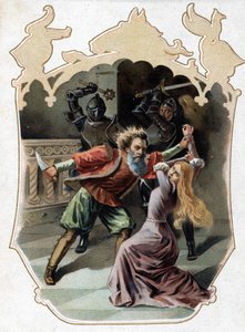 Blaubart. Märchen von Charles Perrault. 1697. Chromolithographie des späten 19. Jahrhunderts. Aufkleber „Beim Billigen“. „Der Blaubart versucht, seine Frau zu ermorden, die versucht hat, das Kabinett zu betreten, in dem die von ihm ermordeten Frauen sind,  von Unknown artist