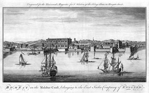 Bombay, Hafen der East India Company von England an der Malabarküste Indiens, mit Handelsschiffen der Company im Vordergrund und Lagerhäusern und Gebäuden im Hintergrund von Unknown artist