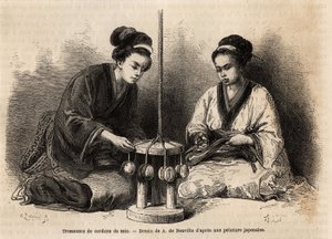 Seidenkordel-Flechter in ihrer Werkstatt in Yedo (oder Edo, heutiges Tokio); diese Kordeln sind sehr verbreitet, da sie verwendet werden, um militärische und zivile Kostüme zu arrangieren und zu halten (die Japaner kennen keinen Knopf und keine Klammer zum