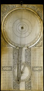 Messinginstrument bekannt als „Jovilabe“ (Jovilabium), entworfen nach Studien über die Jupitersatellitenperioden von Astronom Galileo Galilei (1564-1642) um 1610. 1650-1700 Florenz, Istituto e Museo di Storia delle Scienze von Unknown artist