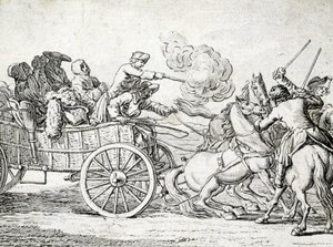 Räuber greifen Passagiere auf einem Wagen an. Gravur eines anonymen Künstlers des 18. Jahrhunderts