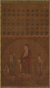 Buddha Amitābha mit zwei begleitenden Bodhisattvas