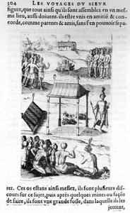 Kanada: Eingeborene - in „Les voyages de la Nouvelle France Occidental, Dicte Canada, gemacht von St Champlain Xaintongeois... von 1603 bis 1629... Samuel Champlain (1570-1635), ed. Pierre Le Mur, Paris
