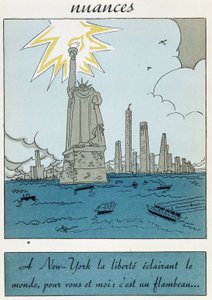 Karikatur der Freiheitsstatue in den Vereinigten Staaten: „Freiheit in New York erleuchtet die Welt, für dich und mich ist es eine Fackel“