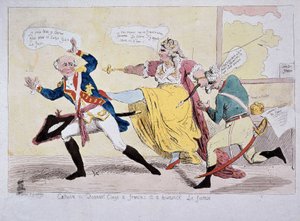 Katharina II. verabschiedet François und Brunswick den Foireux, Karikatur, Ende des 18. Jahrhunderts