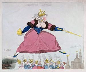 Katharina II. springt von Russland nach Konstantinopel über europäische Souveräne, Karikatur, Ende des 18. Jahrhunderts