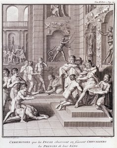 Zeremonien, die die Inkas bei der Ritterschaft der Prinzen ihres Blutes beobachten - in „Historische Reise durch Südamerika im Auftrag des Königs von Spanien“ von Don Georges Juan & Don Antoine de Ulloa, T.II, ed. Jombert, Librairie du Roi, Paris