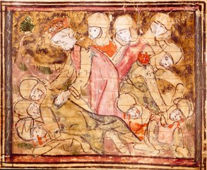 Karl der Große (742-814) findet den Leichnam seines Neffen Roland, der in der Schlacht von Roncesvalles starb. Miniatur aus „Große Chroniken von Frankreich“ 1375-1379 Stadtbibliothek, Castres von Unknown artist