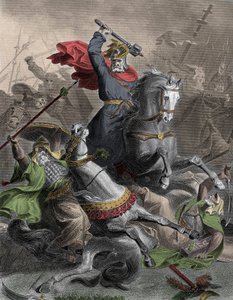 Karl Martell (690-741) führt die Franken in die Schlacht gegen die arabische Invasion in Tours (Frankreich), 732 (Schlacht von Poitiers) - Kolorierte Gravur 19. Jahrhundert