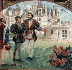 Karl V. wird von Franz I. im Schloss von Chambord empfangen. Chromolithographie aus dem späten 19. Jahrhundert.