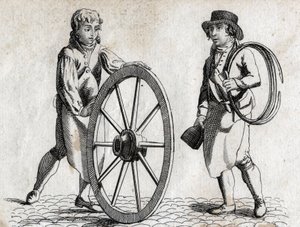 Wagner mit Wagenrad und Lehrling. Gravur späte 18. Jahrhundert. von Unknown artist