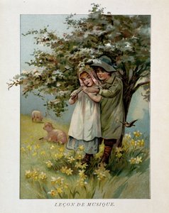 Kinderhirten spielen Musik in einer blühenden Landschaft, „Musikstunde“