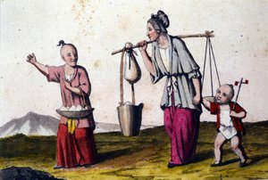 China. Eine Frau trägt Wasser, begleitet von zwei Kindern, das größere trägt einen Korb mit Reis. Drucke aus dem 19. Jahrhundert von Unknown artist