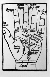 Chiromantie und wahrsagerische Vorhersage: Darstellung der verschiedenen Linien der Hand, die die Interpretation der Persönlichkeit ermöglichen. Gravur aus „Physiognomonia“ von Barthelemy Cocles, 1533