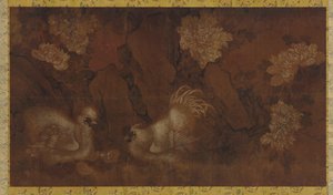 Hahn, Henne und Küken in der Nähe von Pfingstrosensträuchern von Unknown artist