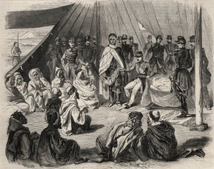 Eroberung Algeriens: Expedition nach Groß-Kabylien im Jahr 1857. Unterwerfung des Kabyle-Stammes der Beni-Raten durch die französische Armee. Gravur in „Le Monde illustrious“ von 1857. Private Sammlung.