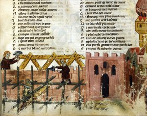 Bauszene. Miniatur aus dem „Roman de Troy“ von Benoit de Saint Maure. 14. Jahrhundert, Biblioteca Marciana, Venedig