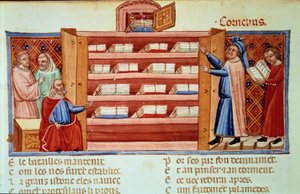 Cornelius Nepos, römischer Biograph, entdeckt in einem Schrank die Geschichte von Troja von Dares dem Phrygier. Miniatur in 