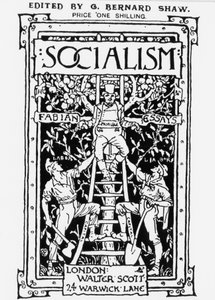 Titelblatt der Fabian Society Zeitschrift „Socialism“, herausgegeben von G. B. Shaw. Die Allegorie stellt das Privileg an der Spitze der Skala dar, das Kapital symbolisiert und Arbeiter mit zwei Gewehren überwacht. Gravur.