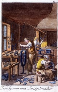 Handwerk: der Sporenmacher, der Hersteller von Schrumpfpinseln in ihrer Werkstatt. In „Umfassende Beschreibung der Künste und Handwerke und Werkstätten für junge Leute“ von Johan Peter Vire. Ed. Nürnberg, Weigel und Schneider von Unknown artist