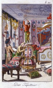 Handwerk: der Polsterer. In „Umfassende Beschreibung der Künste und Handwerke und Werkstätten für junge Leute“ von Johan Peter Vue. Hrsg. Nürnberg, Weigel und Schneider von Unknown artist
