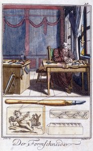 Handwerk: der Holzgraveur (und seine Arbeitswerkzeuge) in seiner Werkstatt. In „Umfassende Beschreibung der Künste und Handwerke und Werkstätten für junge Leute“ von Johan Peter Vue. Ed. Nürnberg, Weigel und Schneider