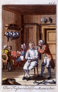 Handwerk: Friseur und Perückenmacher in ihrer Werkstatt. In „Umfassende Beschreibung der Künste und Handwerke und Werkstätten für junge Leute“ von Johan Peter Vue. Hrsg. Nürnberg, Weigel und Schneider von Unknown artist
