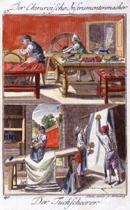 Handwerk: Hersteller von chirurgischen Instrumenten (oben) und Scheidenbesatz (unten) in ihrer Werkstatt. In „Umfassende Beschreibung der Künste und Handwerke und Werkstätten für junge Leute“ von Johan Peter Vue. Ed. Nürnberg, Weigel und Schneider