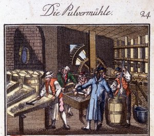 Handwerk: Pulvermacher in seiner Werkstatt. In „Umfassende Beschreibung der Künste und Handwerke und Werkstätten für junge Leute“ von Johan Peter Vue. Hrsg. Nürnberg, Weigel und Schneider