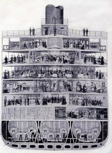 Querschnitt des Transatlantikdampfers „Provence“: von der Brücke bis zum Laderaum. Illustration des 19. Jahrhunderts