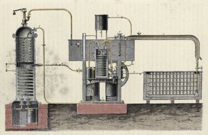 Schneiden des industriellen Apparats von Ferdinand Carré (1824-1894) zur Herstellung von Eis. Gravur aus dem 19. Jahrhundert
