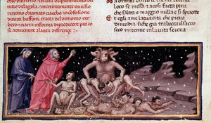 Dante und Virgil treffen Ciacco und Cerberus mit den Gefräßigen (Gesang 9 aus der Hölle, in der Göttlichen Komödie) - Miniatur von Unknown artist