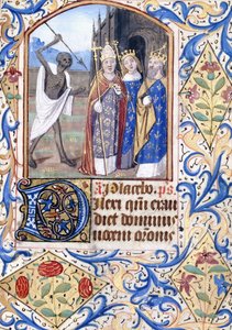 Der Tod mit seinem Speer, der auf drei Figuren zeigt, ein Papst, ein König, ein König und eine Königin, vor einer gotischen Kirche, ca. 1470
