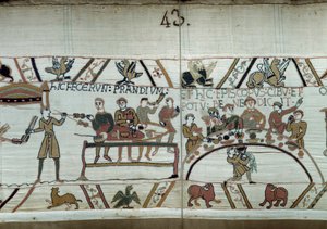 Landung in England, die Truppen von Wilhelm dem Eroberer feiern, während sie auf den Kampf gegen die sächsischen Waffen von Harold II. warten. Guillaume ist umgeben von Baronen und dem Bischof Odon. Detail des Teppichs von Bayeux