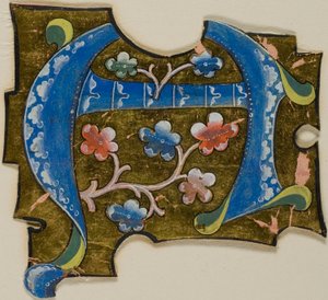 Geschmückter Initialbuchstabe "A" in Blau mit Blättern aus einem Manuskript