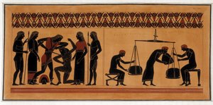 Niederlage des Minotaurus durch Theseus - „Gemälde antiker Vasen, gemeinhin etruskisch genannt“, aus verschiedenen Sammlungen entnommen und von A. Clener graviert, begleitet von Erklärungen von A.L. Millen. Von Dubois-Maisonneuve. Bibliothek von Maisons Al
