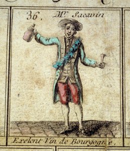 Detail des Spiels der Gans von Paris: Herr Sacavin, Weintrinker aus Burgund. Gravur des 18. Jahrhunderts