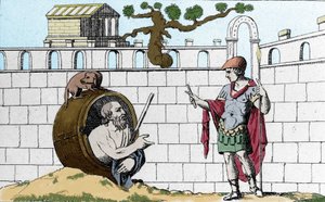 Diogenes der Kyniker (413-327 v. Chr.), griechischer Philosoph, in seinem Fass sagt zu Alexander dem Großen: „Lass mich meine Sonne sehen“. von Unknown artist