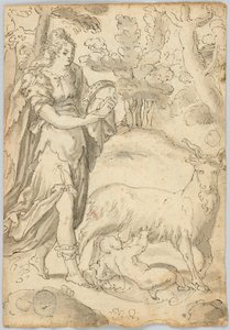 Zeichnung: A) Rhea und der Säugling Jupiter. B) St. Franz von Assisi